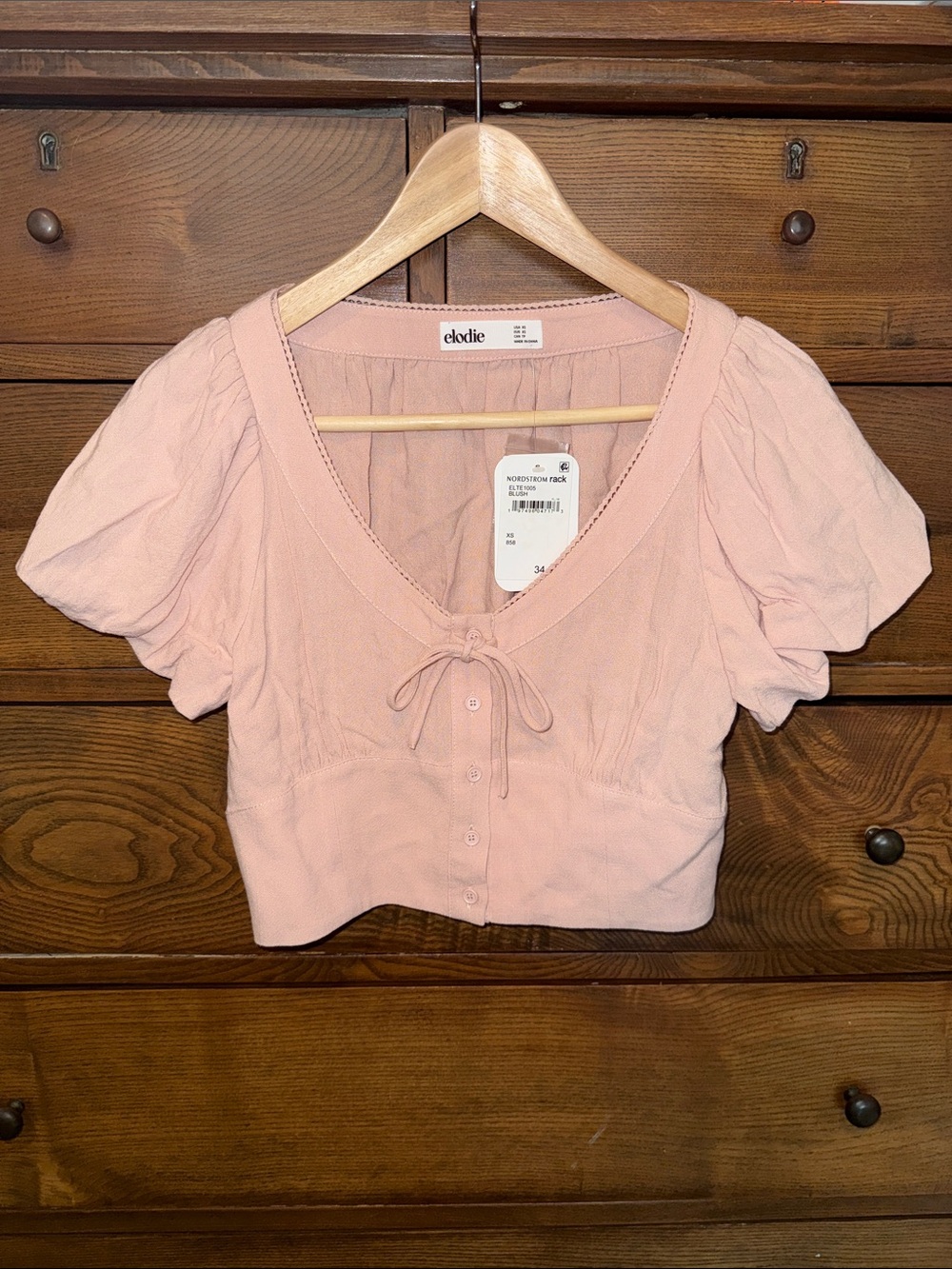 NWT Elodie Blush Tie-Front Puff Sleeve Crop Top XS
